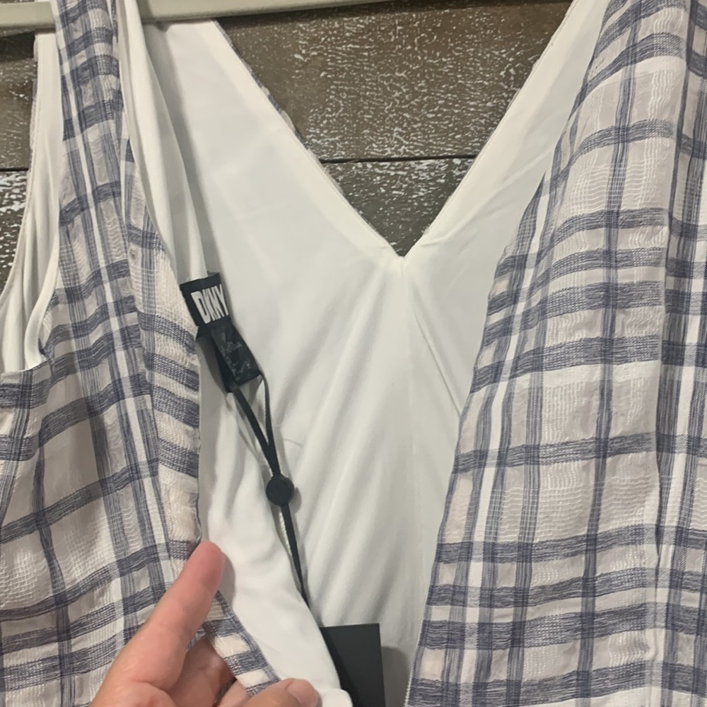 DKNY blue and white plaid tiered ruffle tank maxi with v-neck size 10 - Picture 6 of 10
